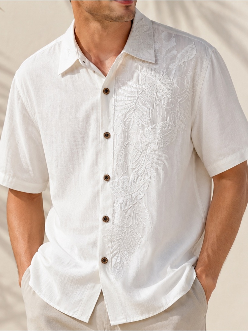 Bamboo Cay Island Leaf Nation Embroidered Camp Shirt Off White Men's Size Large